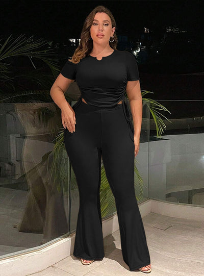 Slim-fit Short Top Elastic Waist Bell Bottoms Suit