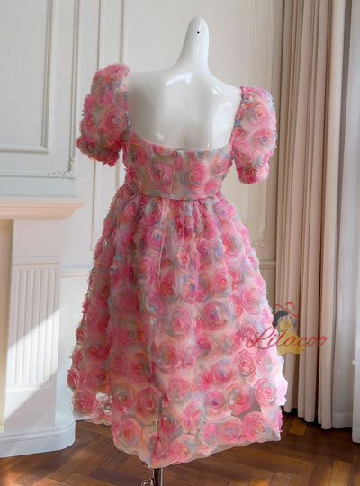 Three-dimensional Fower Bubble Sleeve Dress