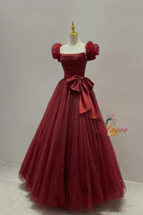 Burgundy Tulle Pleats Bow Prom Dress