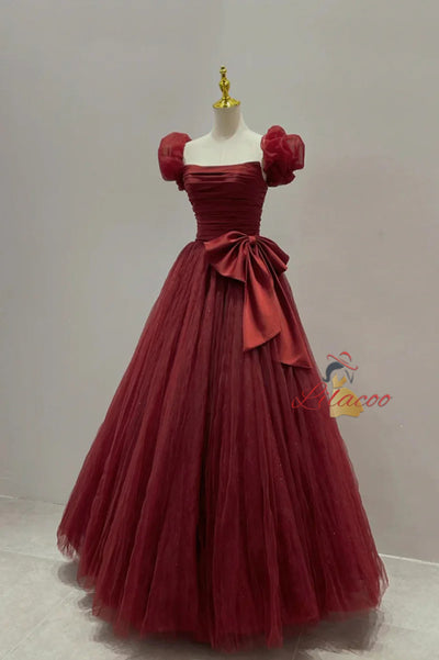 Burgundy Tulle Pleats Bow Prom Dress