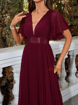 V-neck Chiffon Pleats Short Sleeve Prom Dress