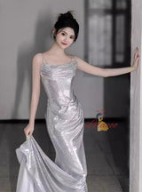 Silver Mermaid Sequins Straps Pleats Prom Dress