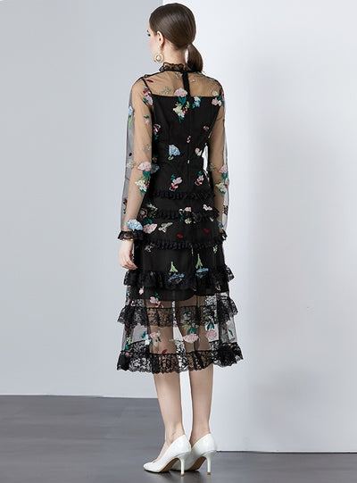 Lace Wood Ear Slim Long Dress