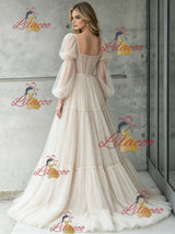Ivory Tulle Long Sleeve Pleats Wedding Dress