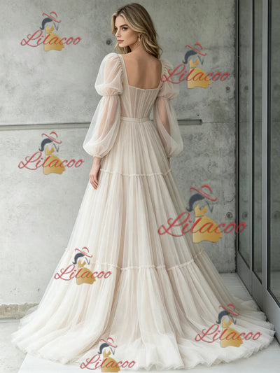 Ivory Tulle Long Sleeve Pleats Wedding Dress