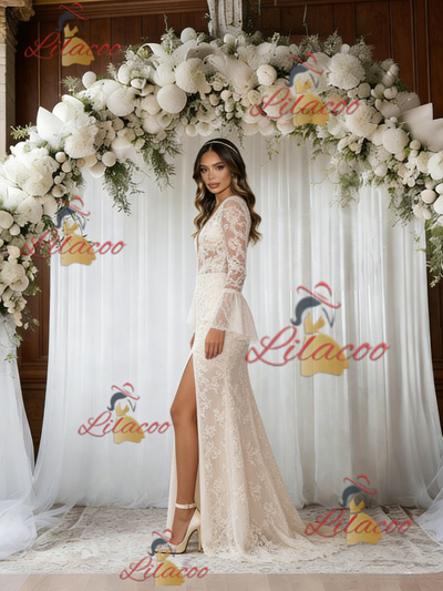 Beige White Mermaid Lace Long Sleeve Wedding Dress