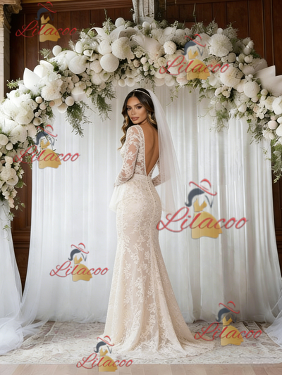 Beige White Mermaid Lace Long Sleeve Wedding Dress