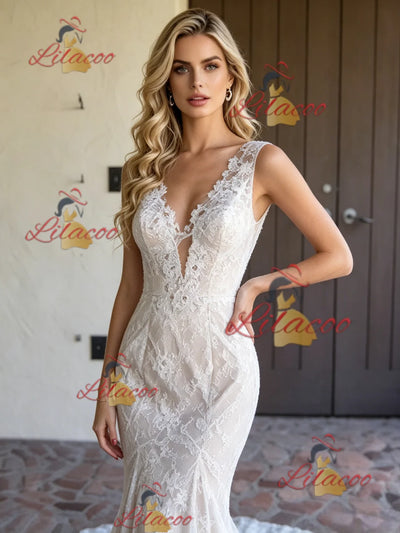 White Mermaid Lace V-neck Wedding Dress