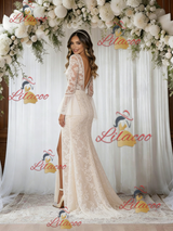 Beige White Mermaid Lace Long Sleeve Wedding Dress