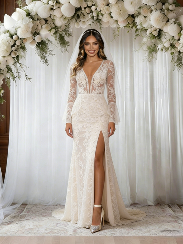 Beige White Mermaid Lace Long Sleeve Wedding Dress