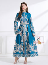 Retro Flared Sleeve Round Neck Printed Dress