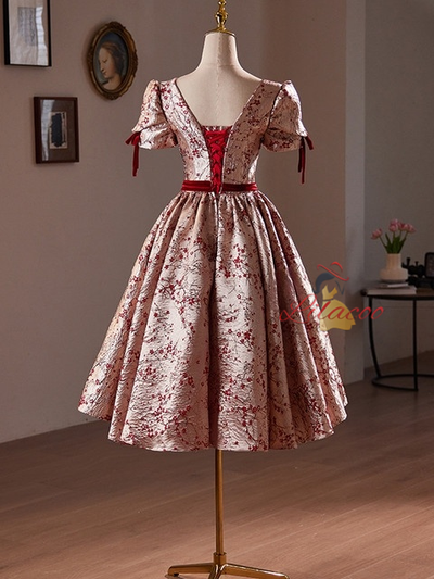 Burgundy Short Sleeve Print Homecoming Dress