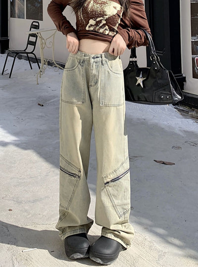 Retro Straight Zipper Overalls High Waist Jeans