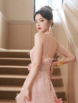 Pink Sequins Halter 3D Flower Prom Dress