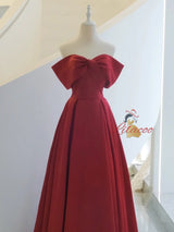 Burgundy Satin Off the Shoulder Pleats Prom Dress