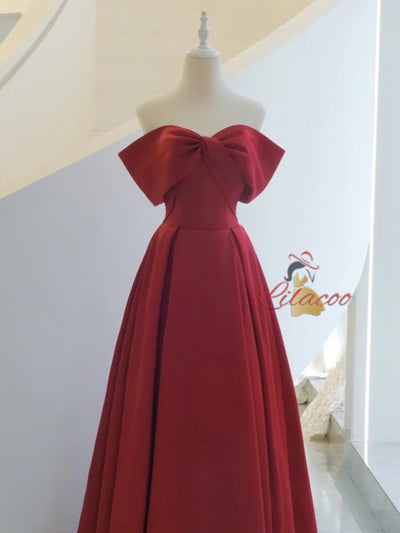 Burgundy Satin Off the Shoulder Pleats Prom Dress
