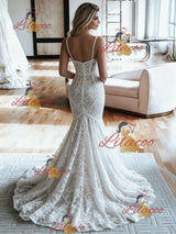 White Mermaid Lace Spaghetti Straps Wedding Dress