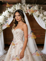 Champagne Tulle Appliques Strapless Wedding Dress