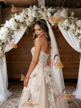 Champagne Tulle Appliques Strapless Wedding Dress