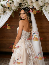Champagne Tulle Appliques Strapless Wedding Dress