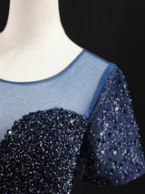 Navy Blue Sequins Short Sleeve Homecoming Dress