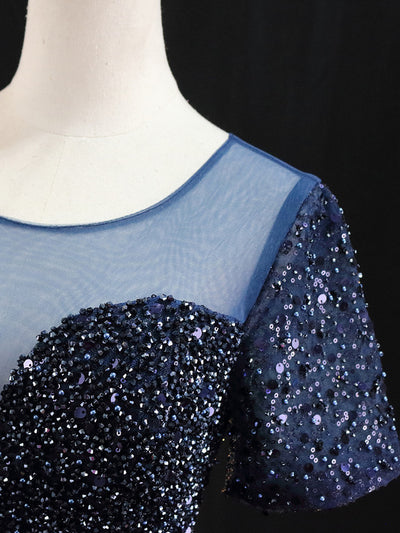 Navy Blue Sequins Short Sleeve Homecoming Dress