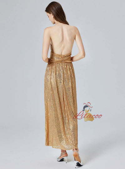 Gold Sequins V-neck Party Dress