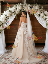 Champagne Tulle Appliques Strapless Wedding Dress
