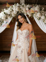 Champagne Tulle Appliques Strapless Wedding Dress