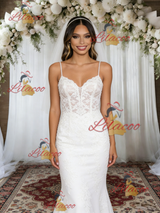 White Mermaid Lace Spaghetti Straps Wedding Dress