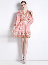 Printed V-neck Long Sleeve Short Dress