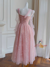 Pink Tulle Sequins Pleats Prom Dress