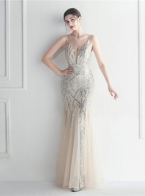 Sequins Tulle Spaghetti Straps Prom Dress