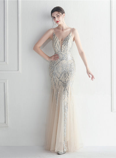 Sequins Tulle Spaghetti Straps Prom Dress