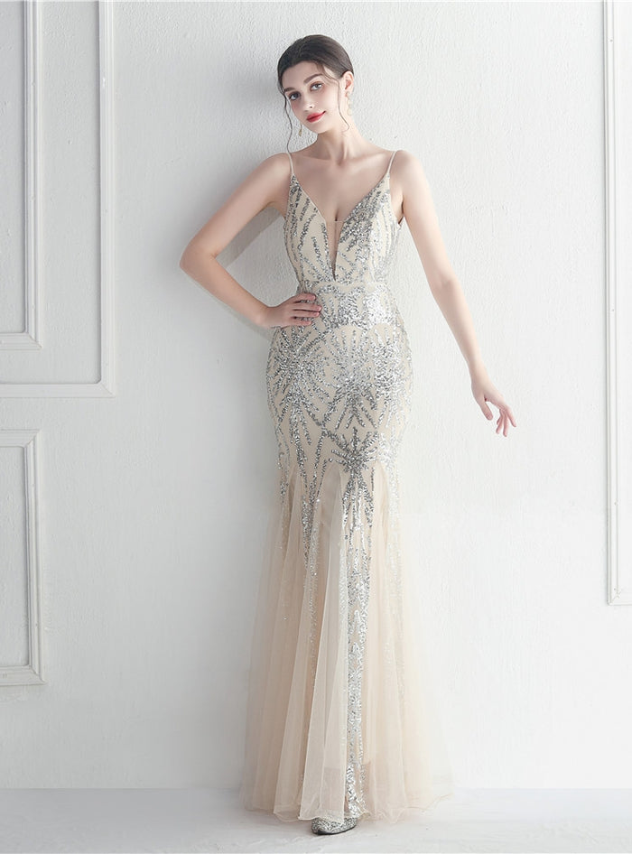Sequins Tulle Spaghetti Straps Prom Dress