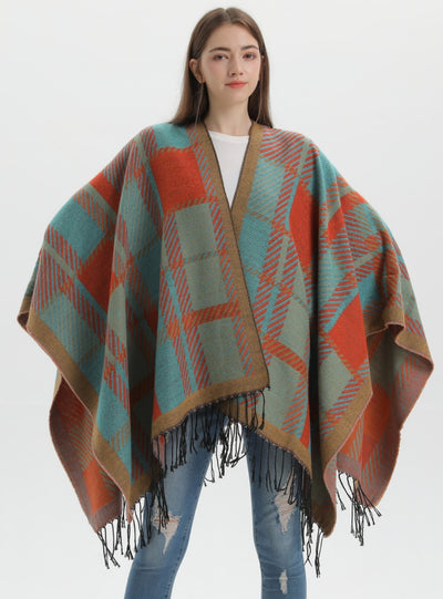 Split Plaid Thick Warm Knit Cloak Scarf