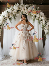 Champagne Tulle Appliques Strapless Wedding Dress