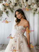 Champagne Tulle Appliques Strapless Wedding Dress