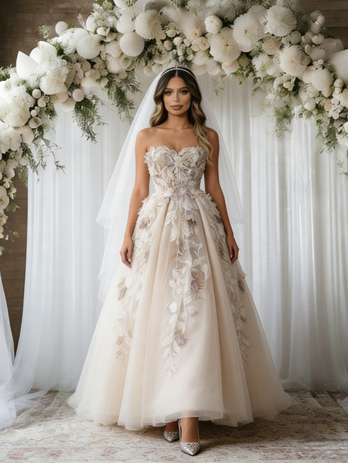 Champagne Tulle Appliques Strapless Wedding Dress