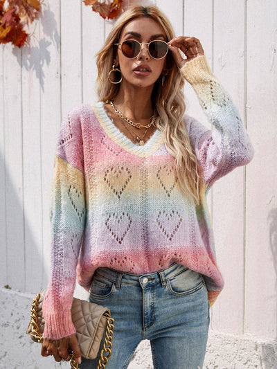Rainbow V-neck Pullover Women's Sweater