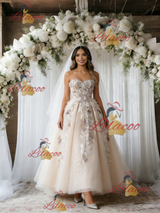 Champagne Tulle Appliques Strapless Wedding Dress