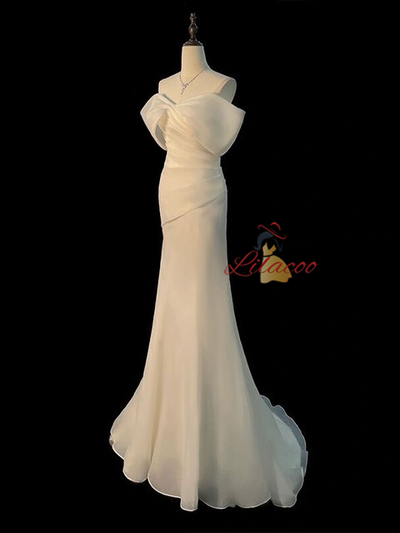 White Mermaid Pleats Wedding Dress