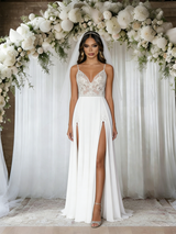 White Chiffon Spaghetti Straps Appliques Wedding Dress
