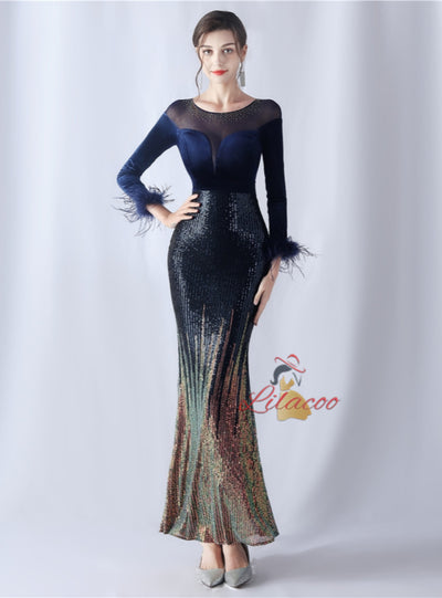 Sequins Long Sleeve Feather Prom Dress