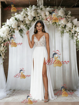 White Chiffon Spaghetti Straps Appliques Wedding Dress