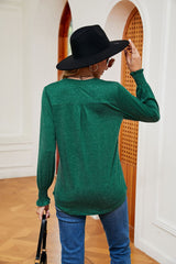 Solid Color V-neck Loose Long Sleeve T-shirt