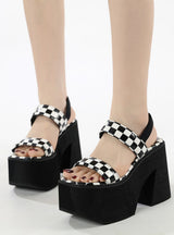 Black and White Plaid Thick Soled Thick Heel Sandals