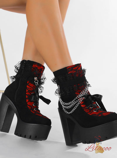 Retro Lace Thick Heel High Heel Booties