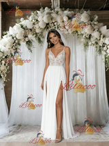 White Chiffon Spaghetti Straps Appliques Wedding Dress
