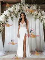 White Chiffon Spaghetti Straps Appliques Wedding Dress